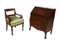 A Dutch Rococo Style Marquetry Slant-Front Bureau and Matching Chair