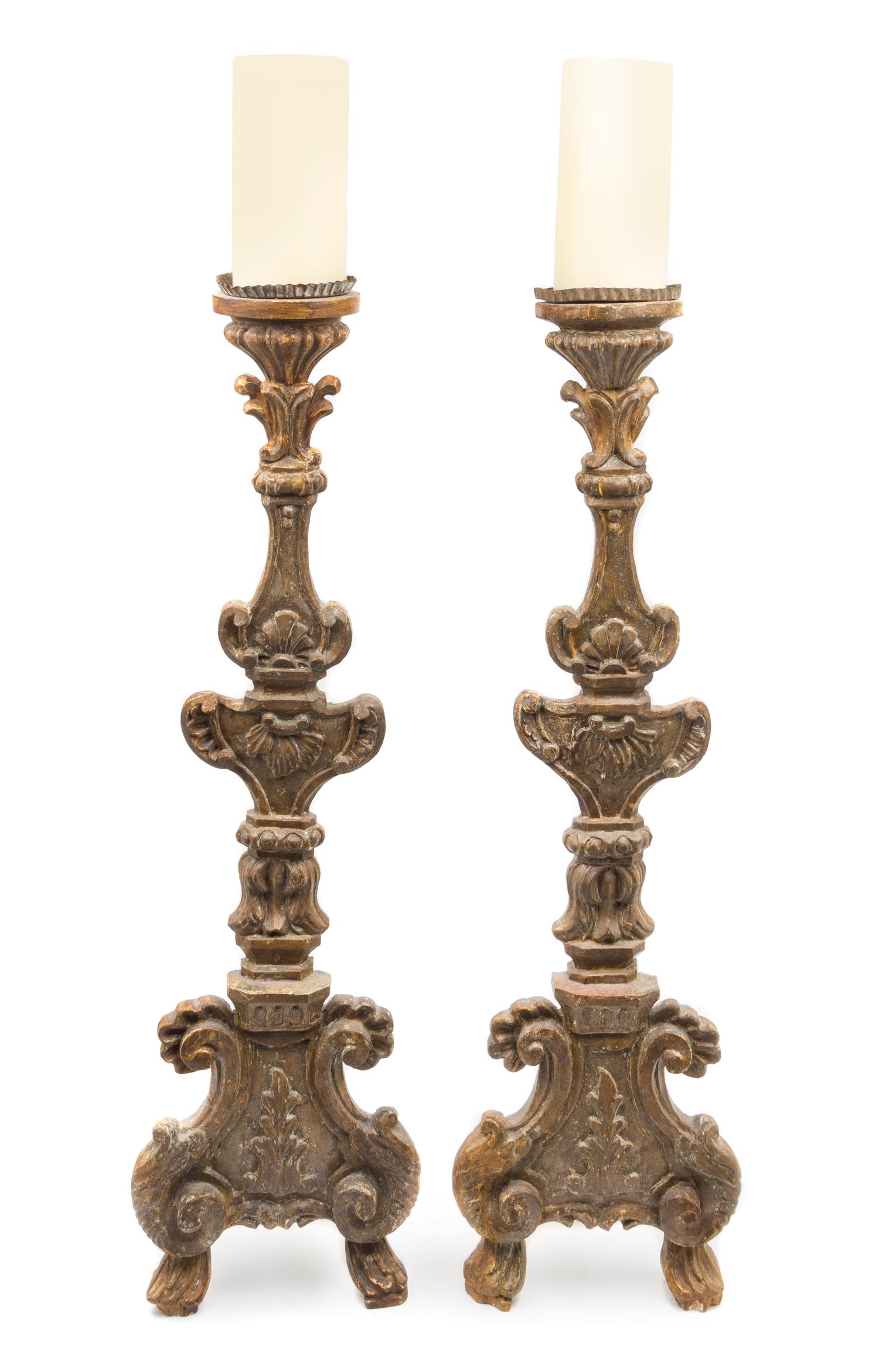 A Pair of Italian Neoclassical Giltwood Prickets Height 39 inches. — CIRCA 1800