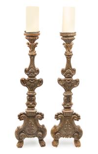 A Pair of Italian Neoclassical Giltwood Prickets Height 39 inches. — CIRCA 1800