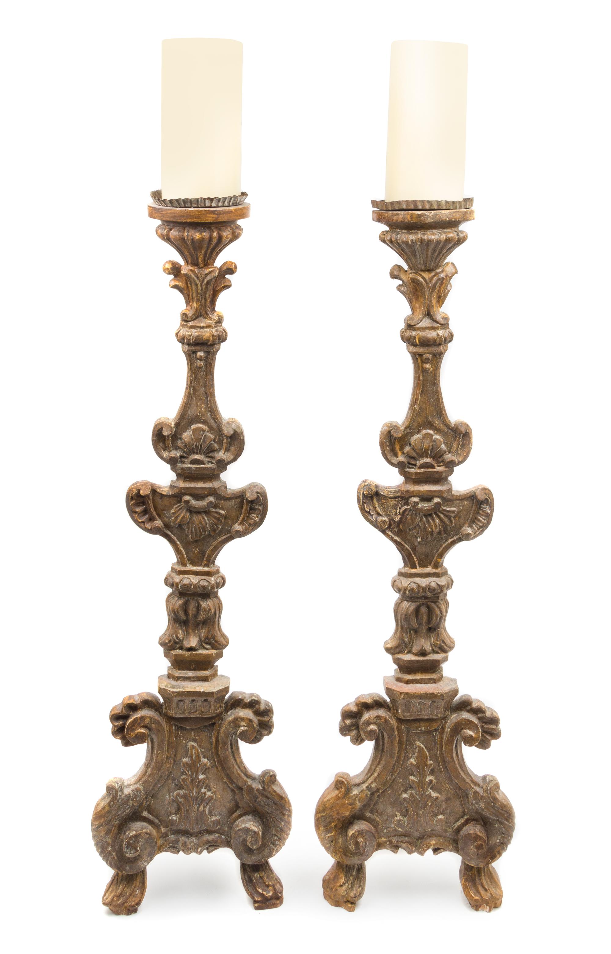 A Pair of Italian Neoclassical Giltwood Prickets Height 39 inches. — CIRCA 1800