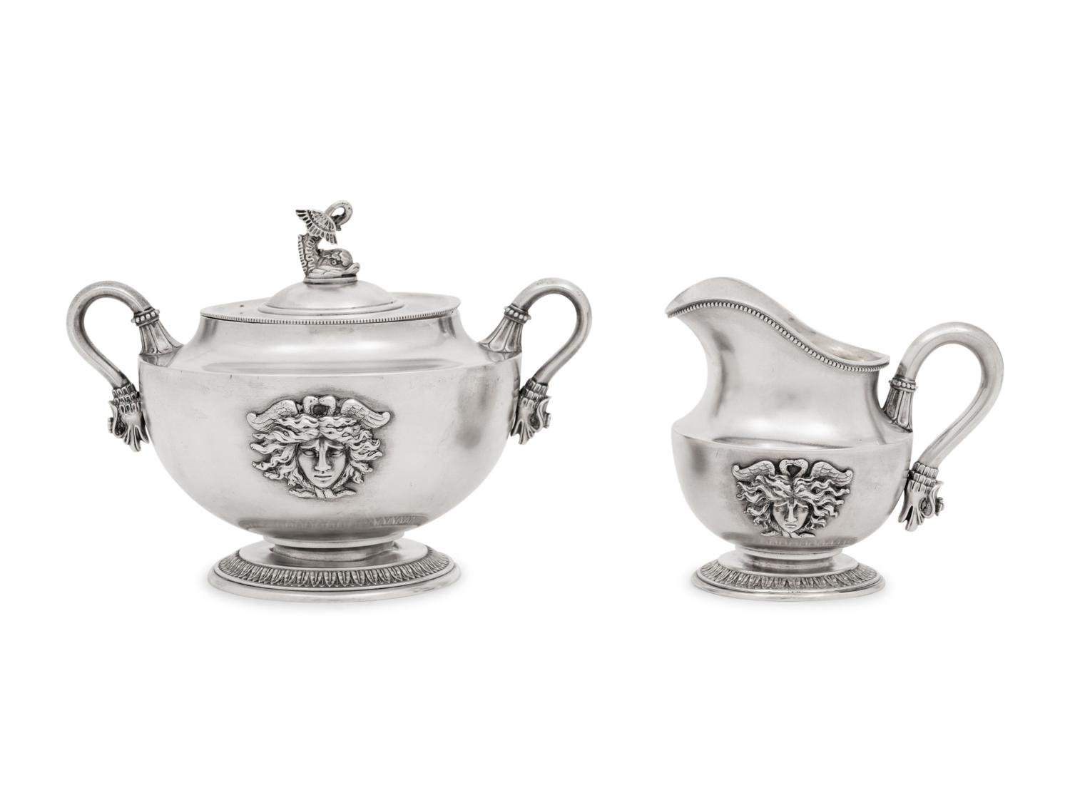 A Fabergé Silver Creamer and Covered Sugar Set