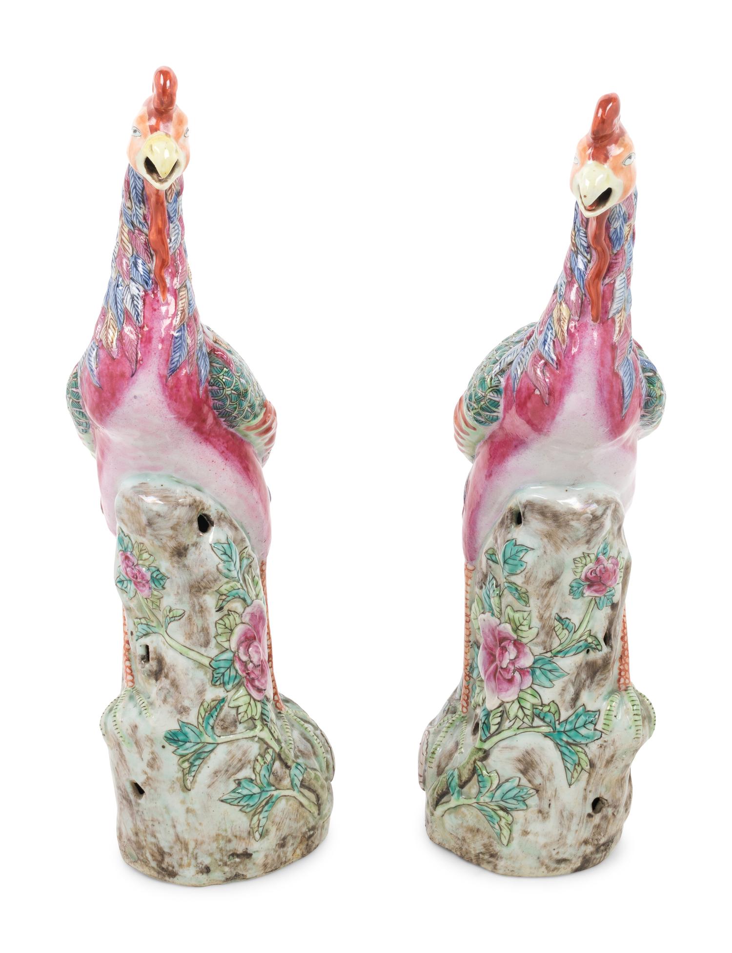 A Pair of Chinese Enameled Porcelain Phoenix Birds