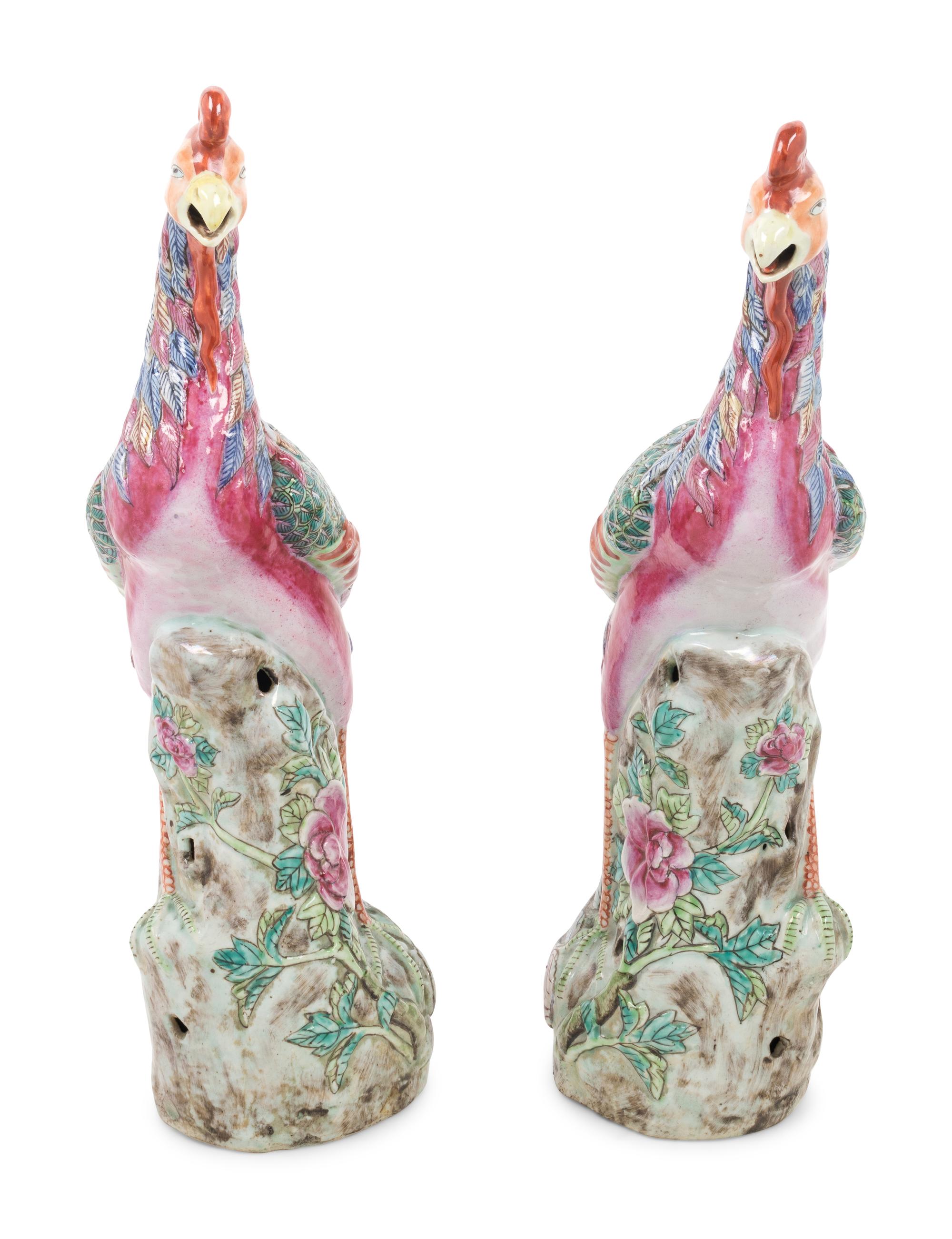 A Pair of Chinese Enameled Porcelain Phoenix Birds