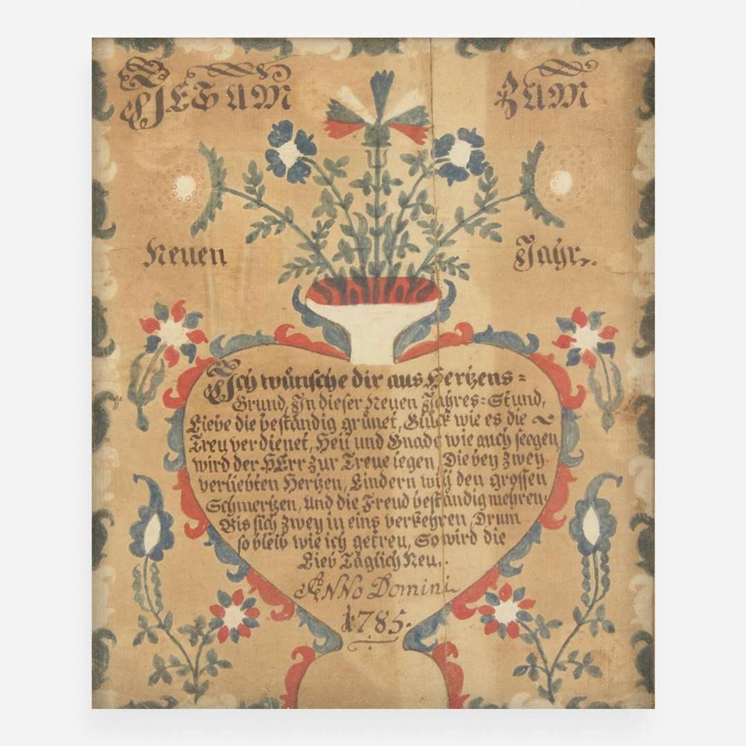 Attributed to Johann Karl Screibeler (c. 1723-1800); A Fraktur: New Year's Greeting, dated "1785"