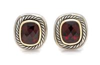 A Pair of Sterling Silver, 14 Karat Yellow Gold and Garnet 'Noblesse' Earclips, David Yurman, 13.20 dwts.