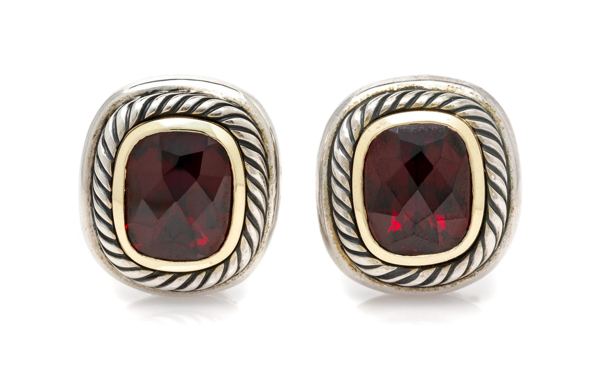 A Pair of Sterling Silver, 14 Karat Yellow Gold and Garnet 'Noblesse' Earclips, David Yurman, 13.20 dwts.