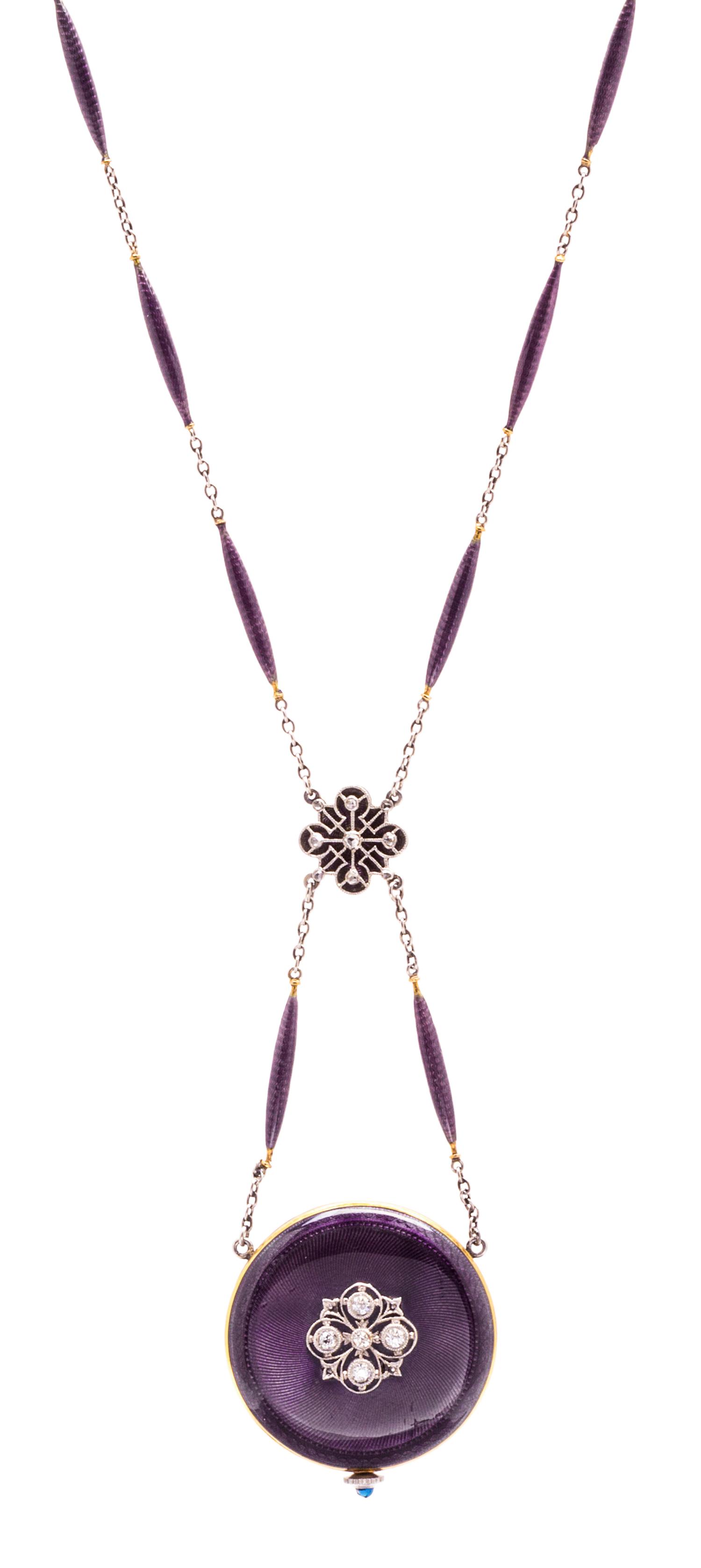 An Edwardian 18 Karat Yellow Gold, Platinum, Diamond and Enamel Pendant Watch Necklace, Hass Neveux & Co., 16.40 dwts.