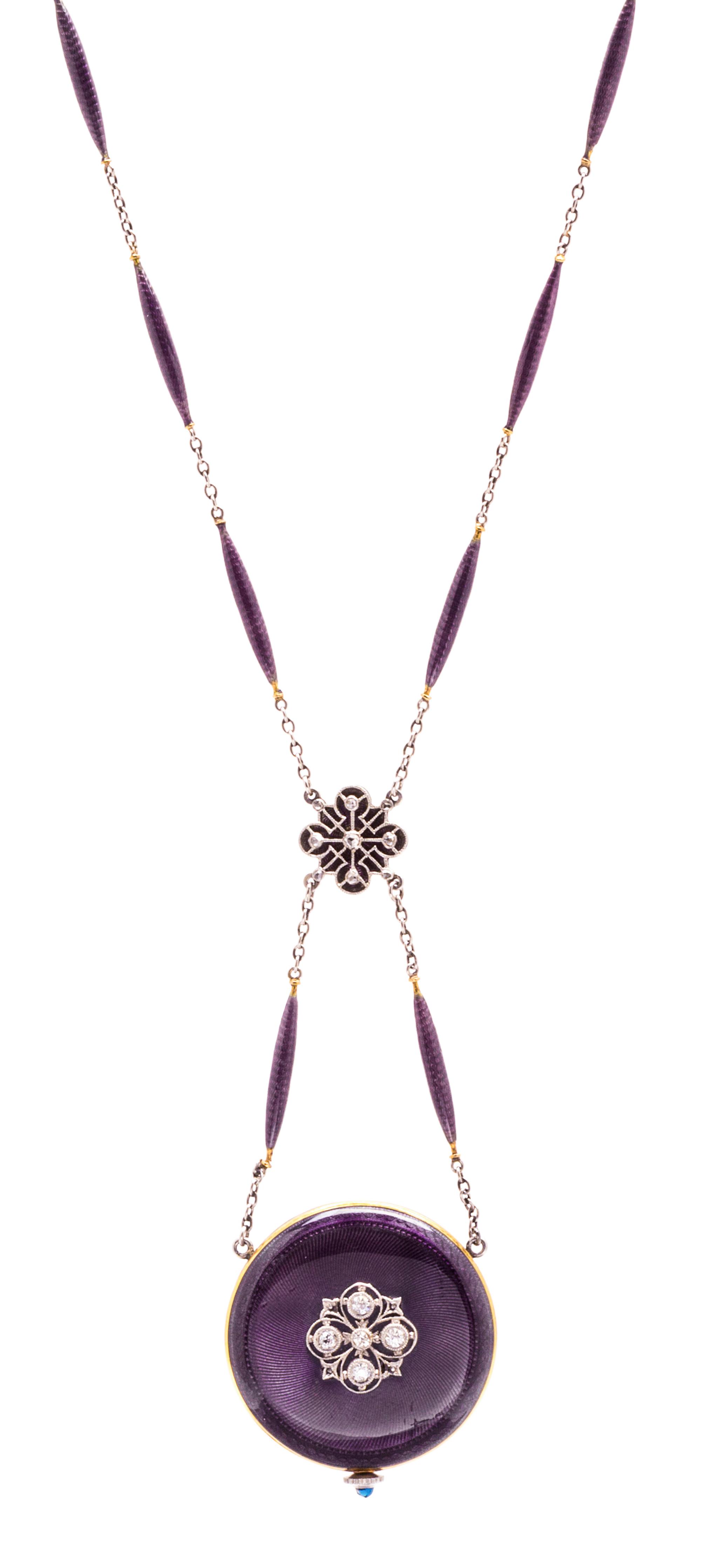 An Edwardian 18 Karat Yellow Gold, Platinum, Diamond and Enamel Pendant Watch Necklace, Hass Neveux & Co., 16.40 dwts.