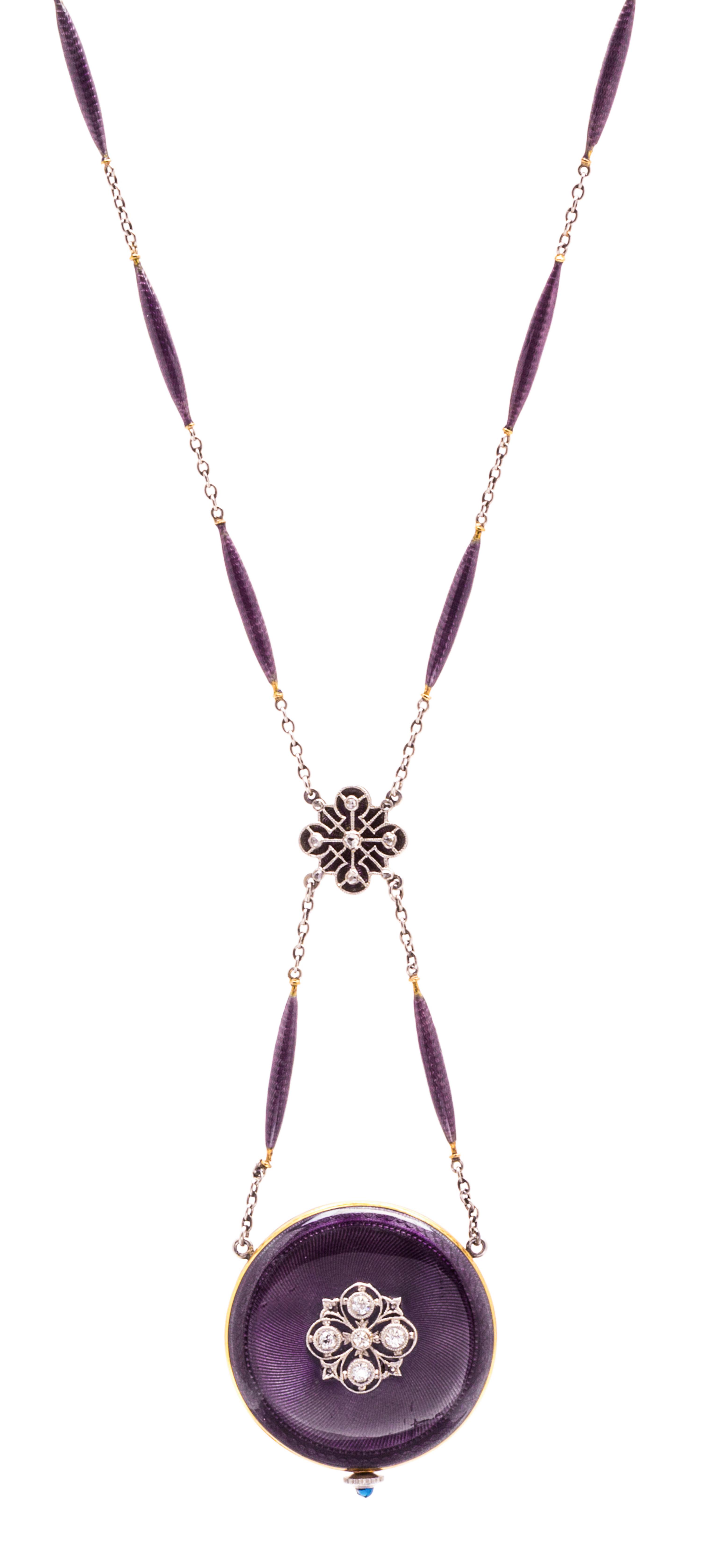 An Edwardian 18 Karat Yellow Gold, Platinum, Diamond and Enamel Pendant Watch Necklace, Hass Neveux & Co., 16.40 dwts.