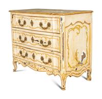 A Louis XV Paint Decorated and Parcel Gilt Walnut Commode