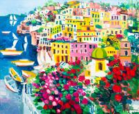 Athos Faccincani, (Italian, b. 1951), Untitled (Italian Village with Large Red Flowers)