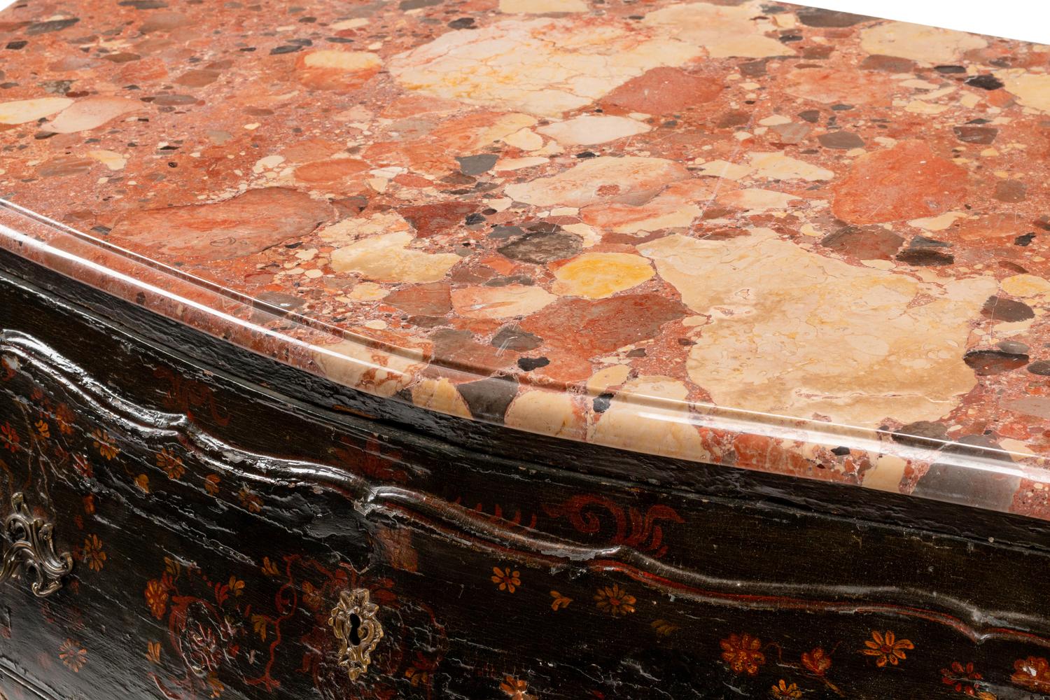 A Louis XV Gilt Bronze Mounted Painted Marble-Top Commode