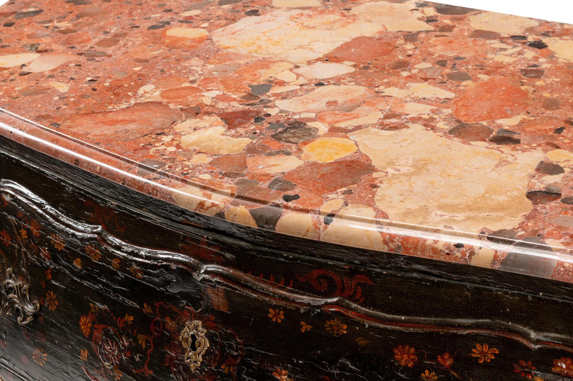 A Louis XV Gilt Bronze Mounted Painted Marble-Top Commode