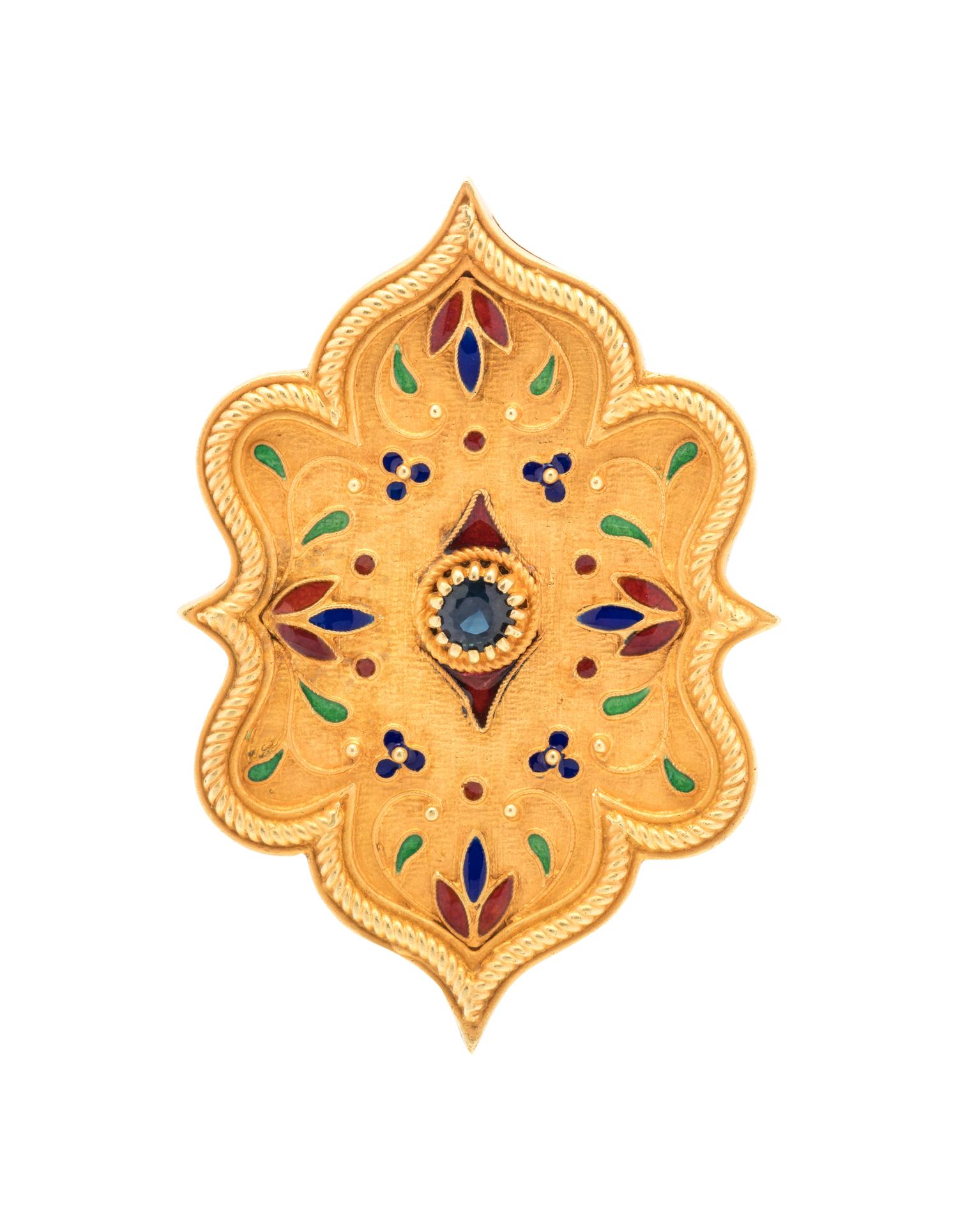 YELLOW GOLD, SAPPHIRE AND ENAMEL PENDANT