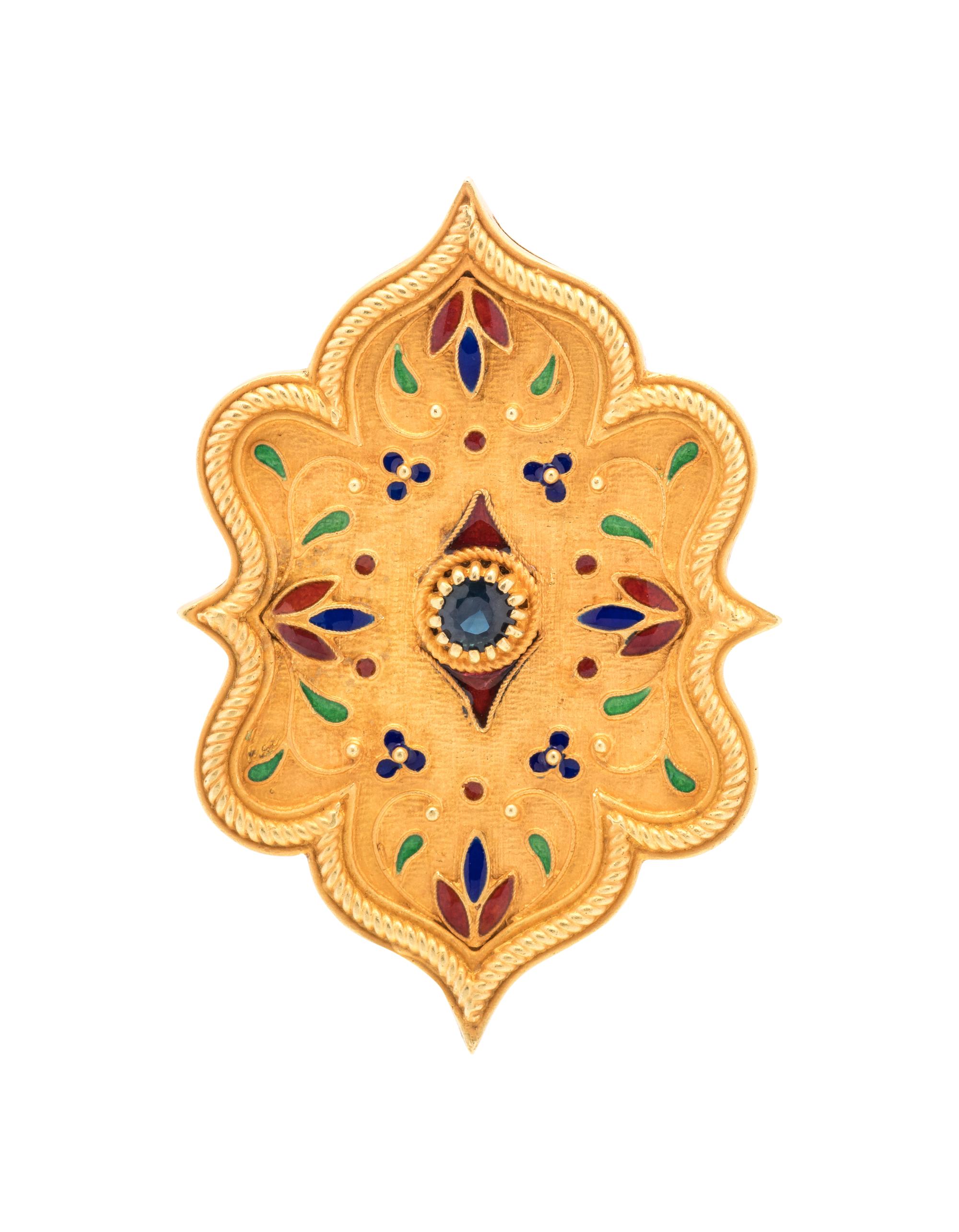 YELLOW GOLD, SAPPHIRE AND ENAMEL PENDANT