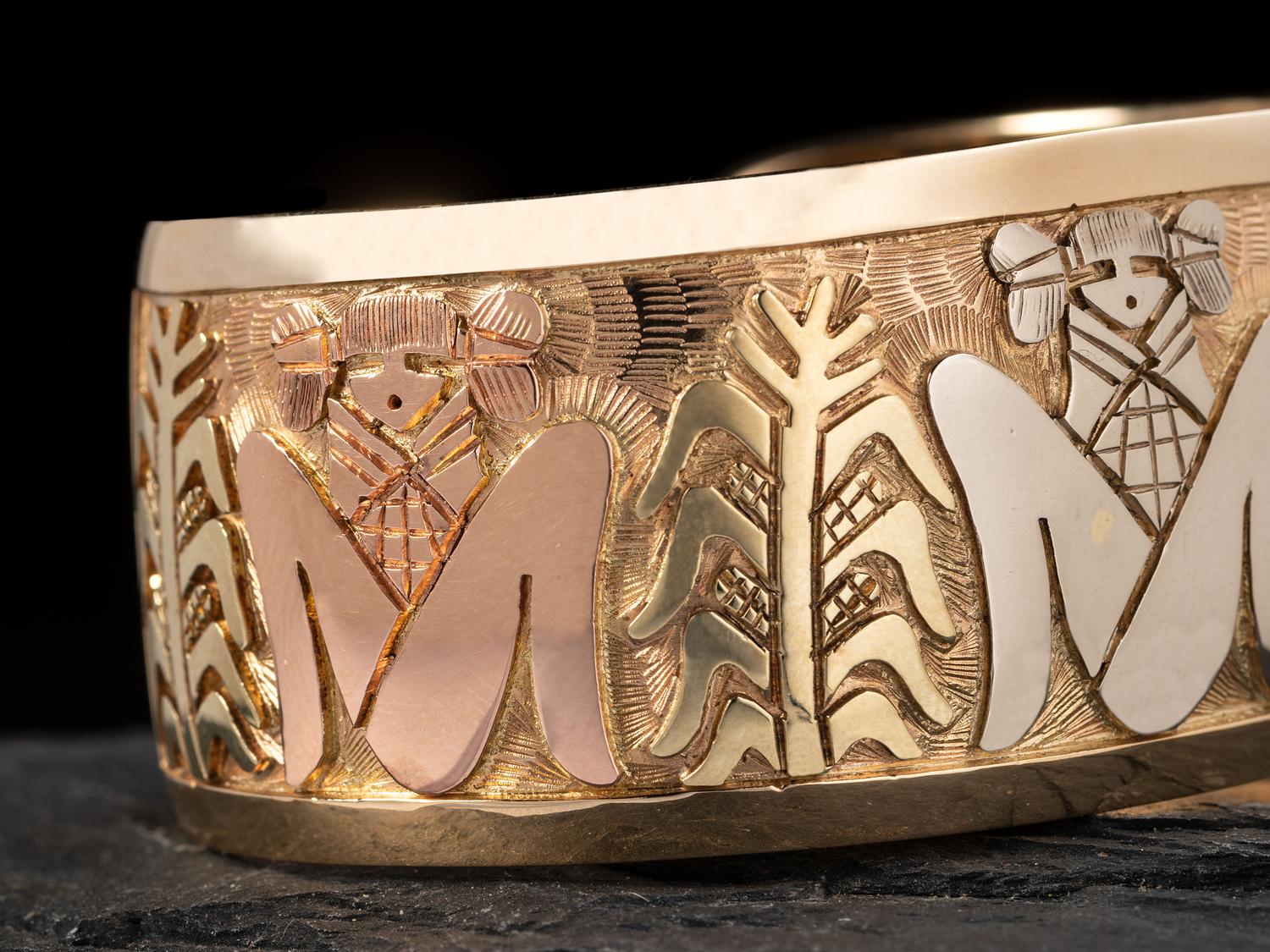 14k Gold Cuff Bracelet, with Mixed Metal Corn Maiden Design