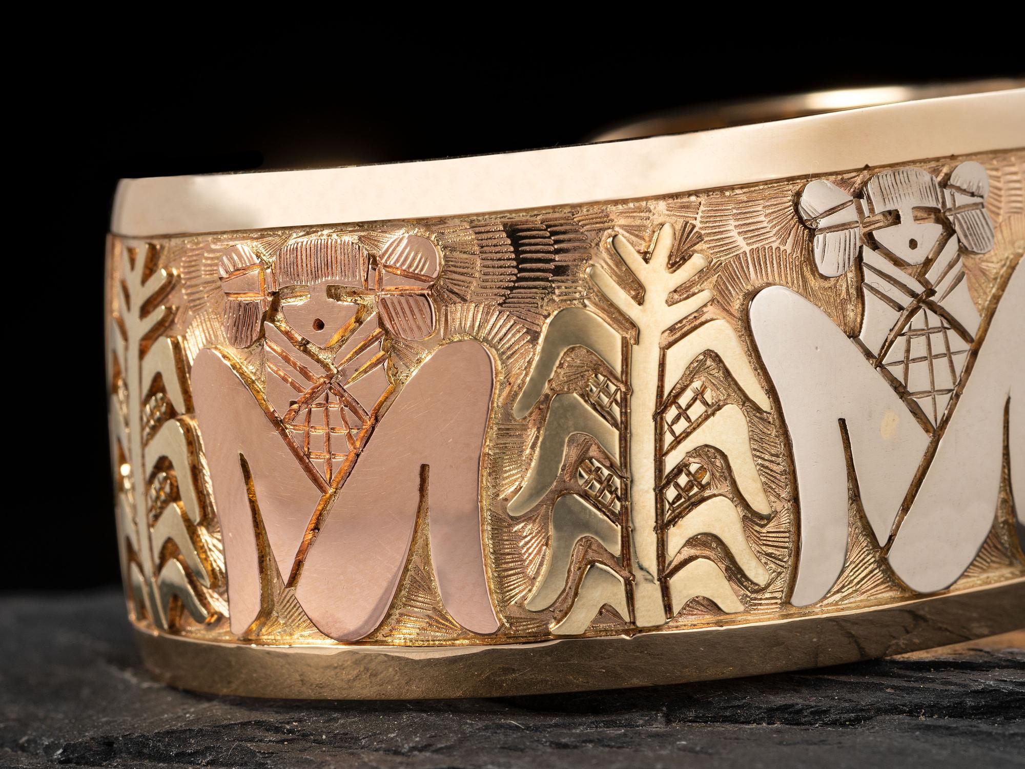 14k Gold Cuff Bracelet, with Mixed Metal Corn Maiden Design