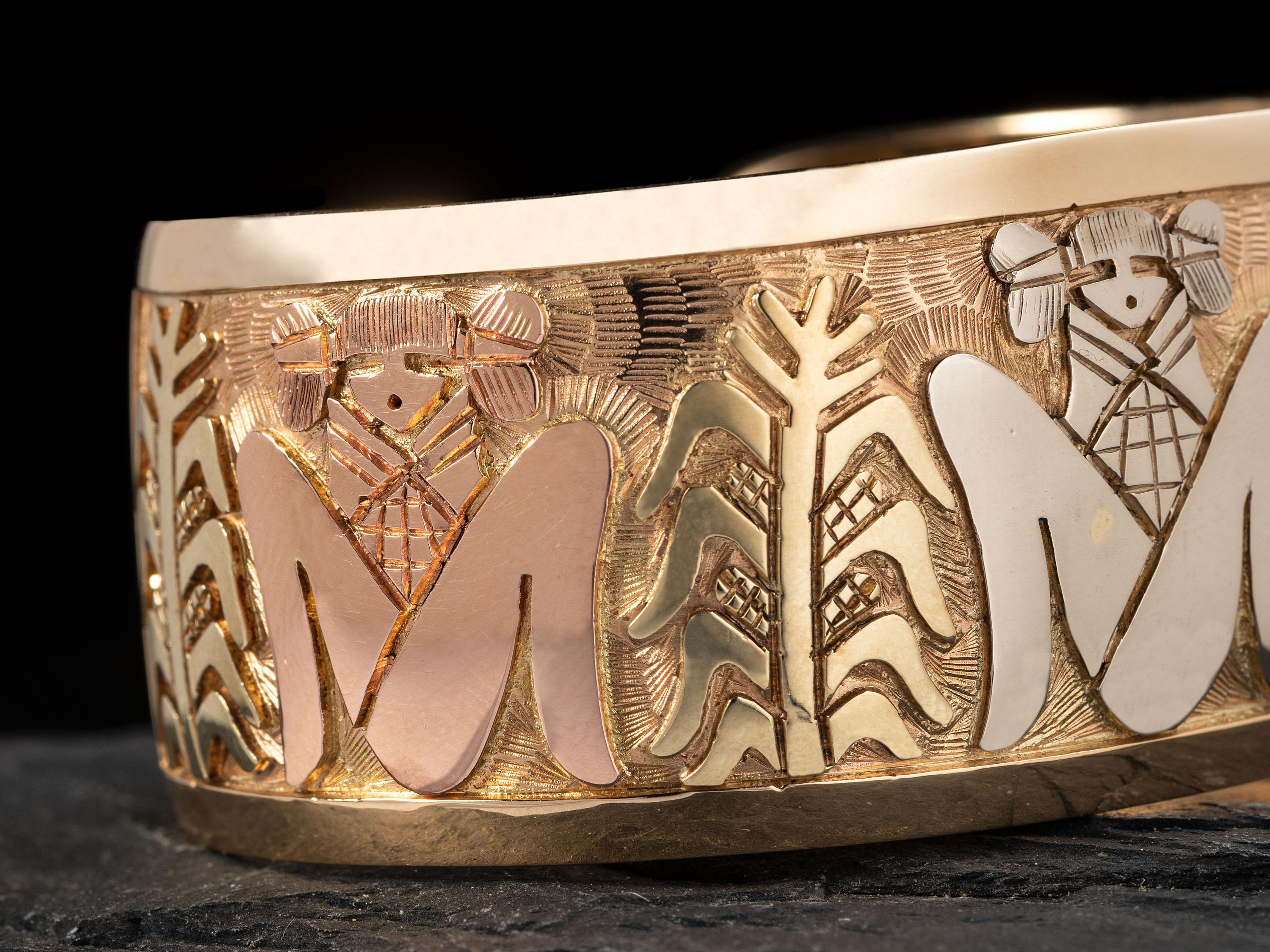 14k Gold Cuff Bracelet, with Mixed Metal Corn Maiden Design
