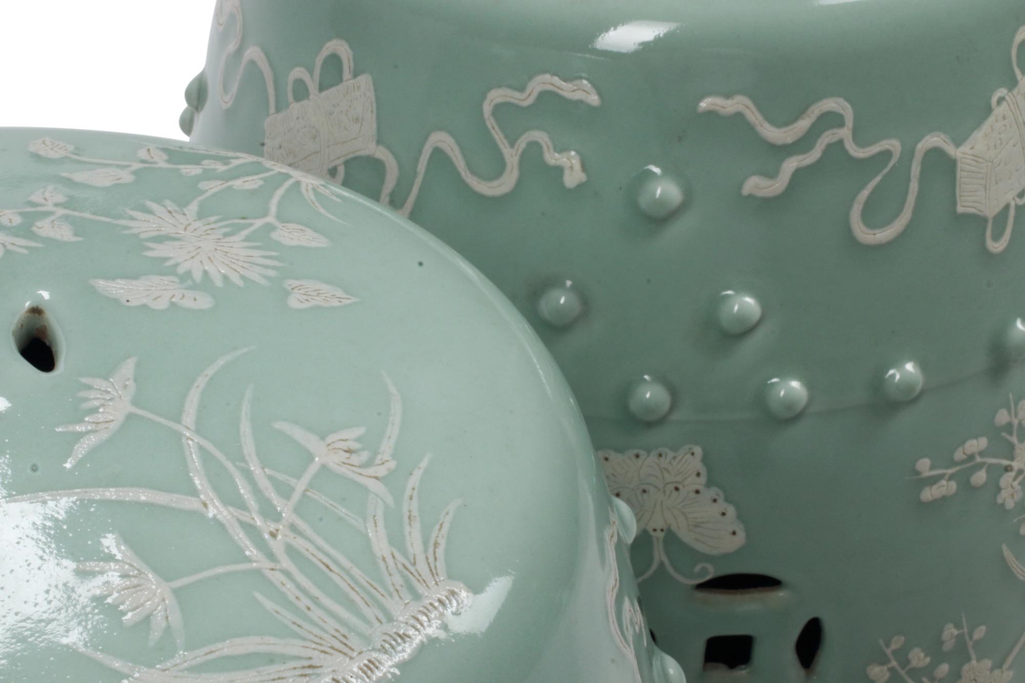 A Pair of Celadon Glazed Porcelain Garden Seats