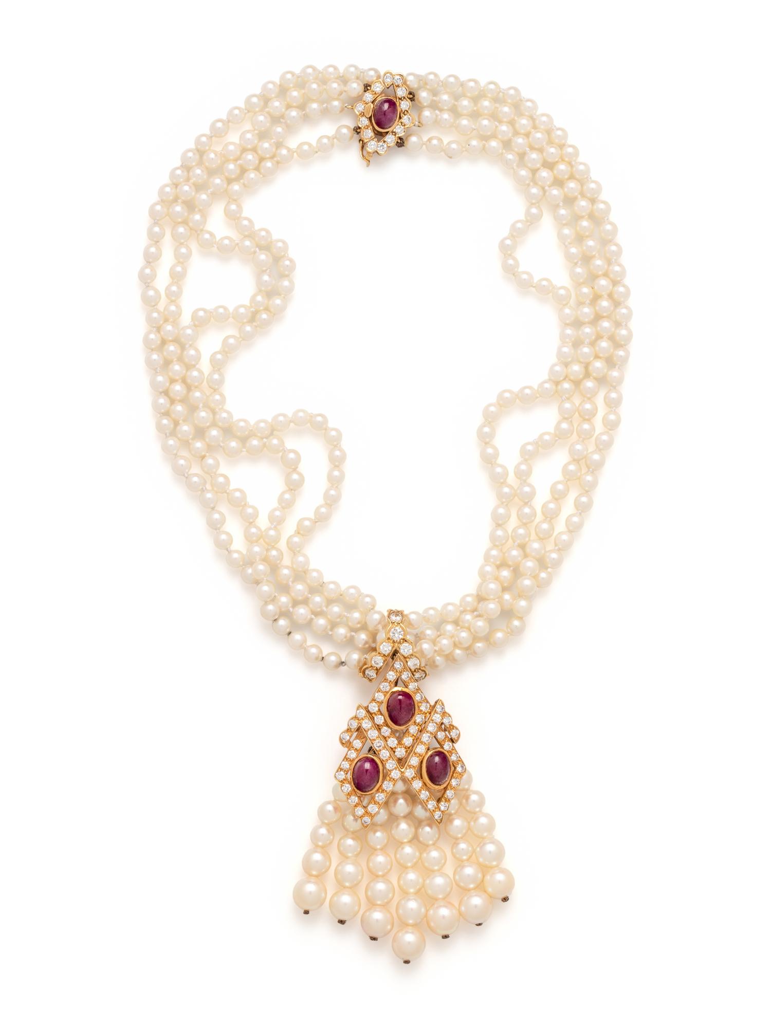 CONVERTIBLE CULTURED PEARL, RUBY AND DIAMOND NECKLACE