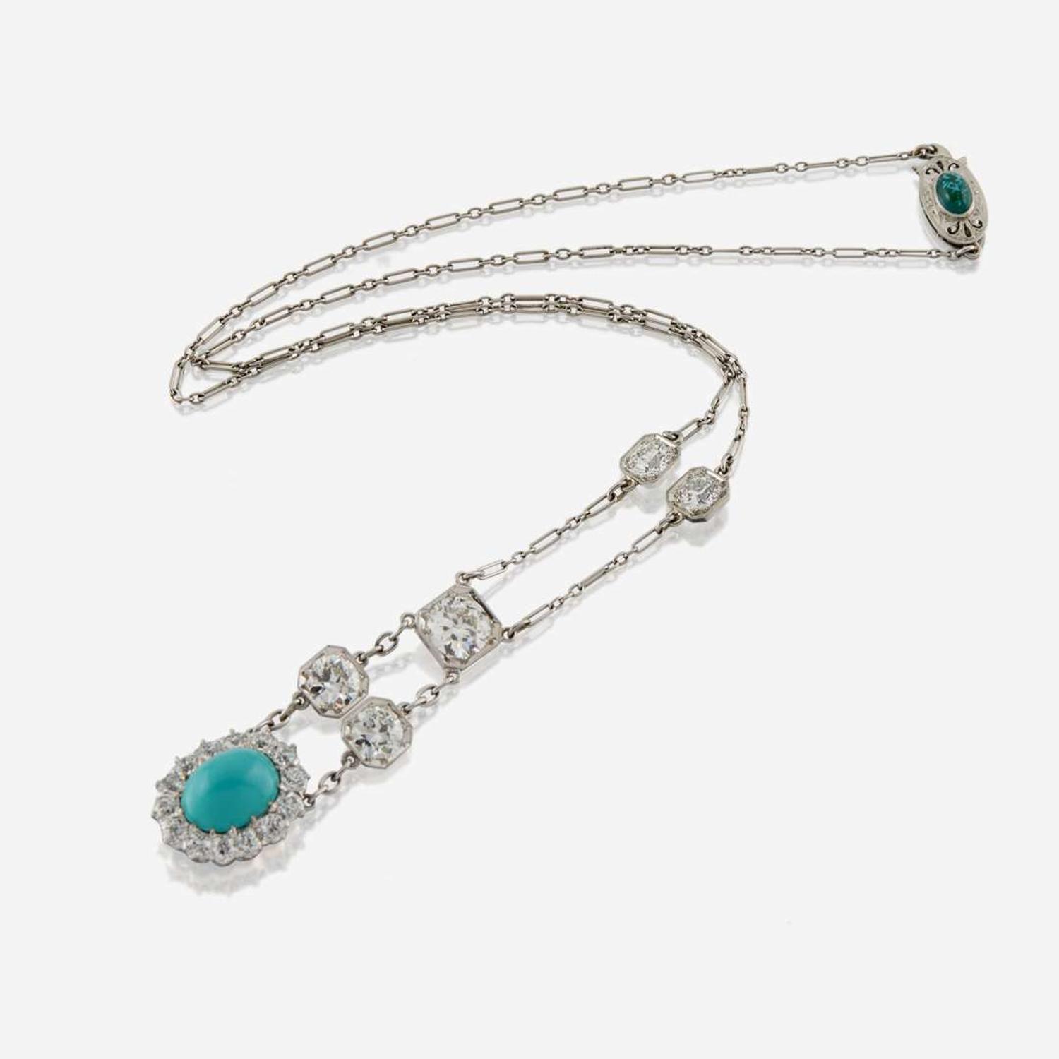 An Art Deco turquoise, diamond, and platinum necklace