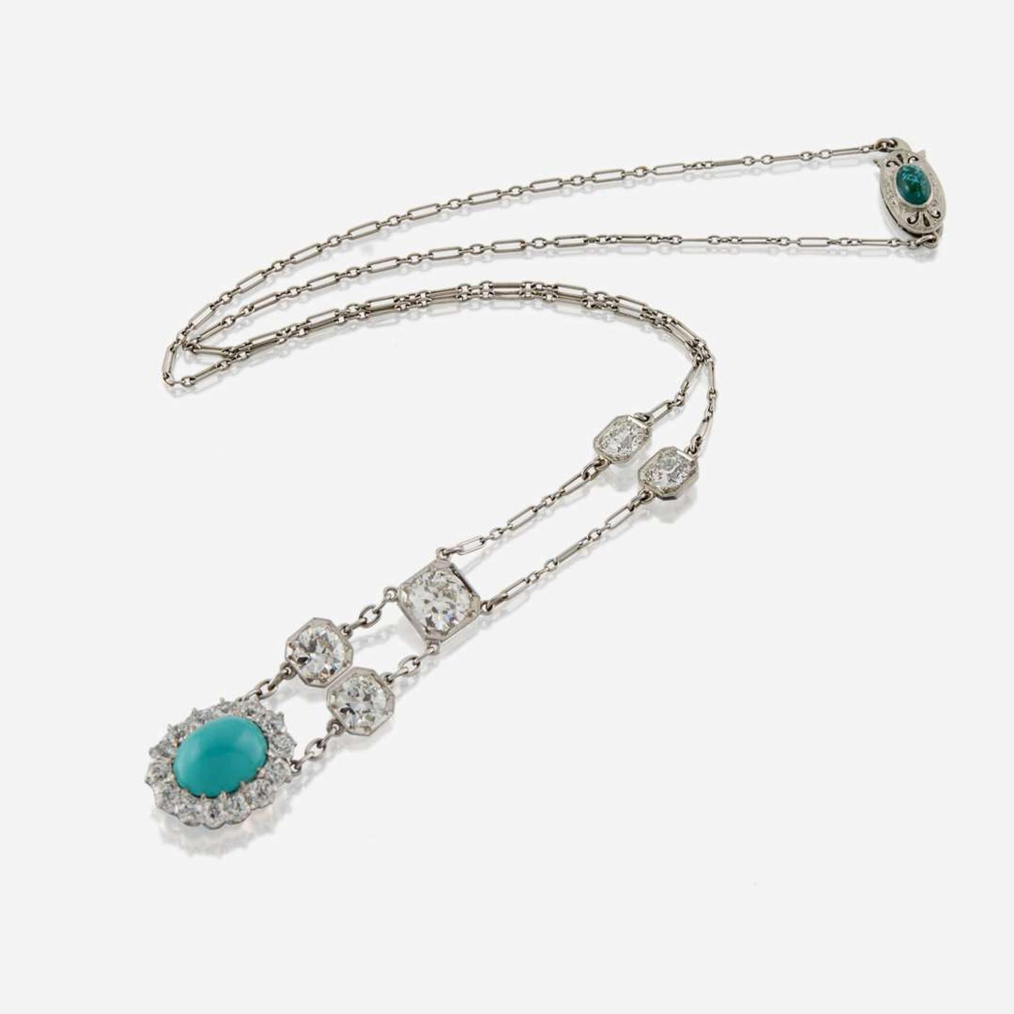 An Art Deco turquoise, diamond, and platinum necklace