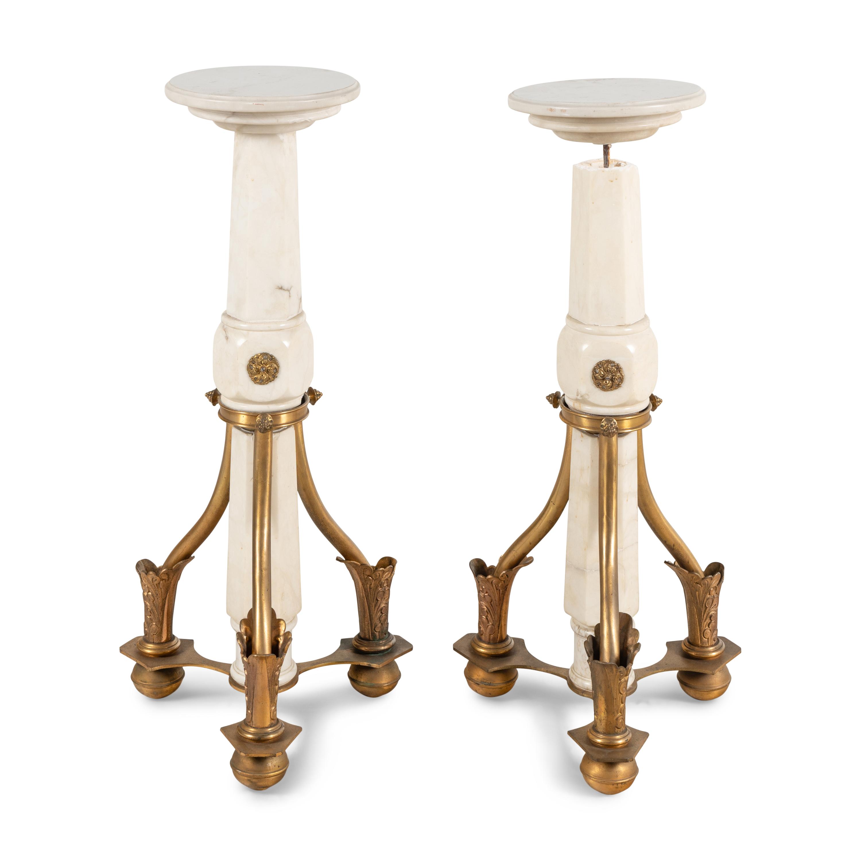A Pair of Brass Mounted White Marble Pedestals