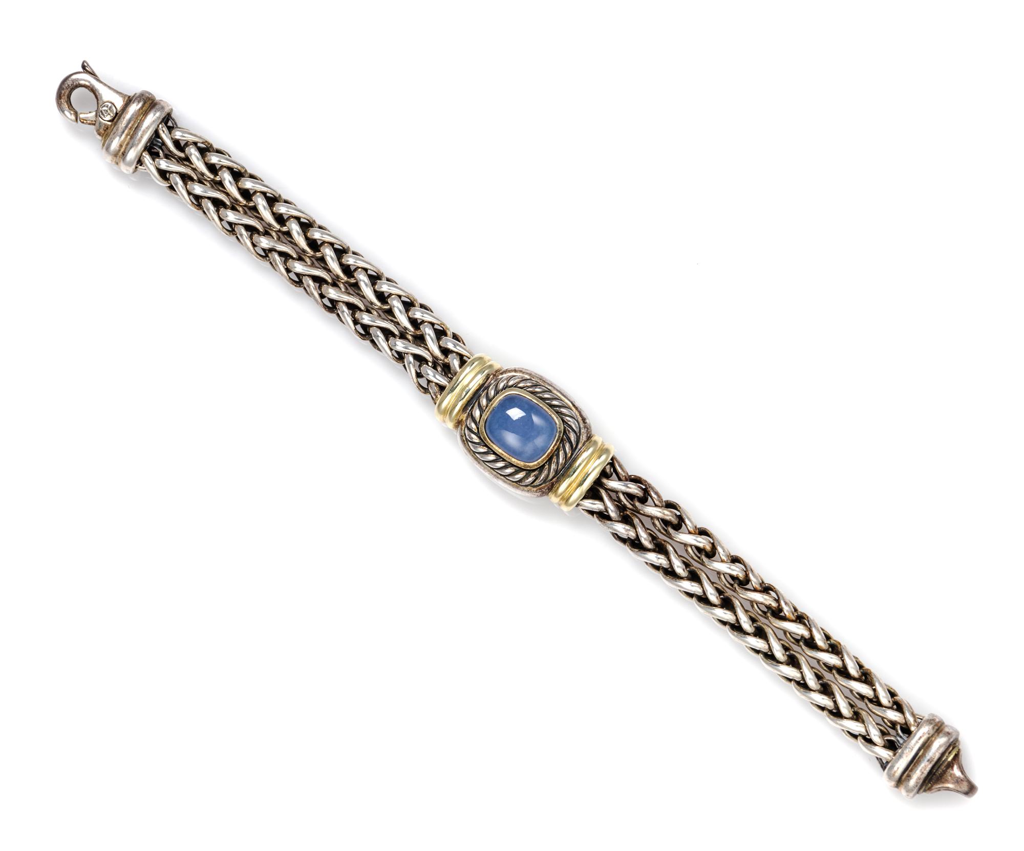 A Sterling Silver, 14 Karat Yellow Gold and Blue Chalcedony 'Albion' Bracelet, David Yurman, 40.30 dwts.