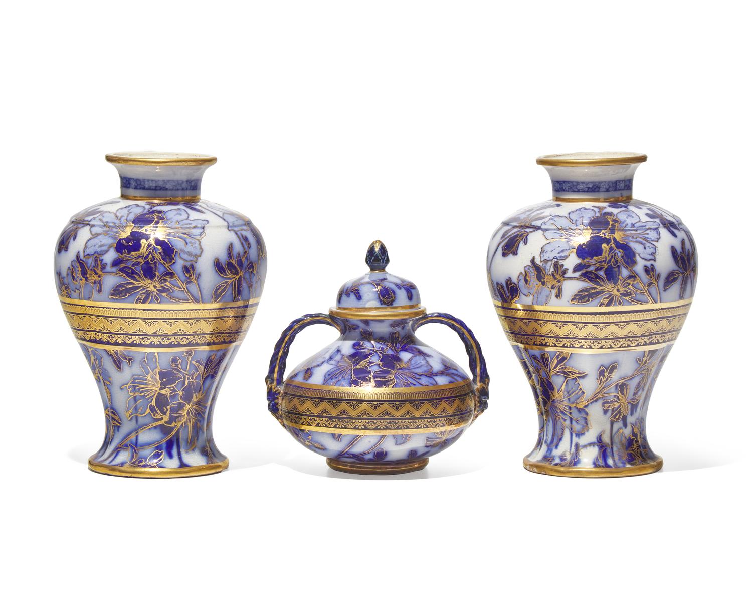 A Wedgwood Three-Piece Parcel-Gilt Garniture
