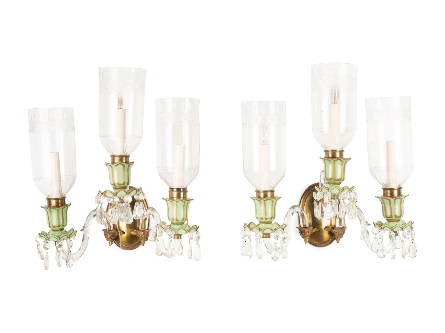 A Pair of French Opaline Glass Three-Light Sconces with Cut Glass Hurricane Shades