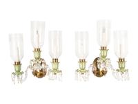 A Pair of French Opaline Glass Three-Light Sconces with Cut Glass Hurricane Shades