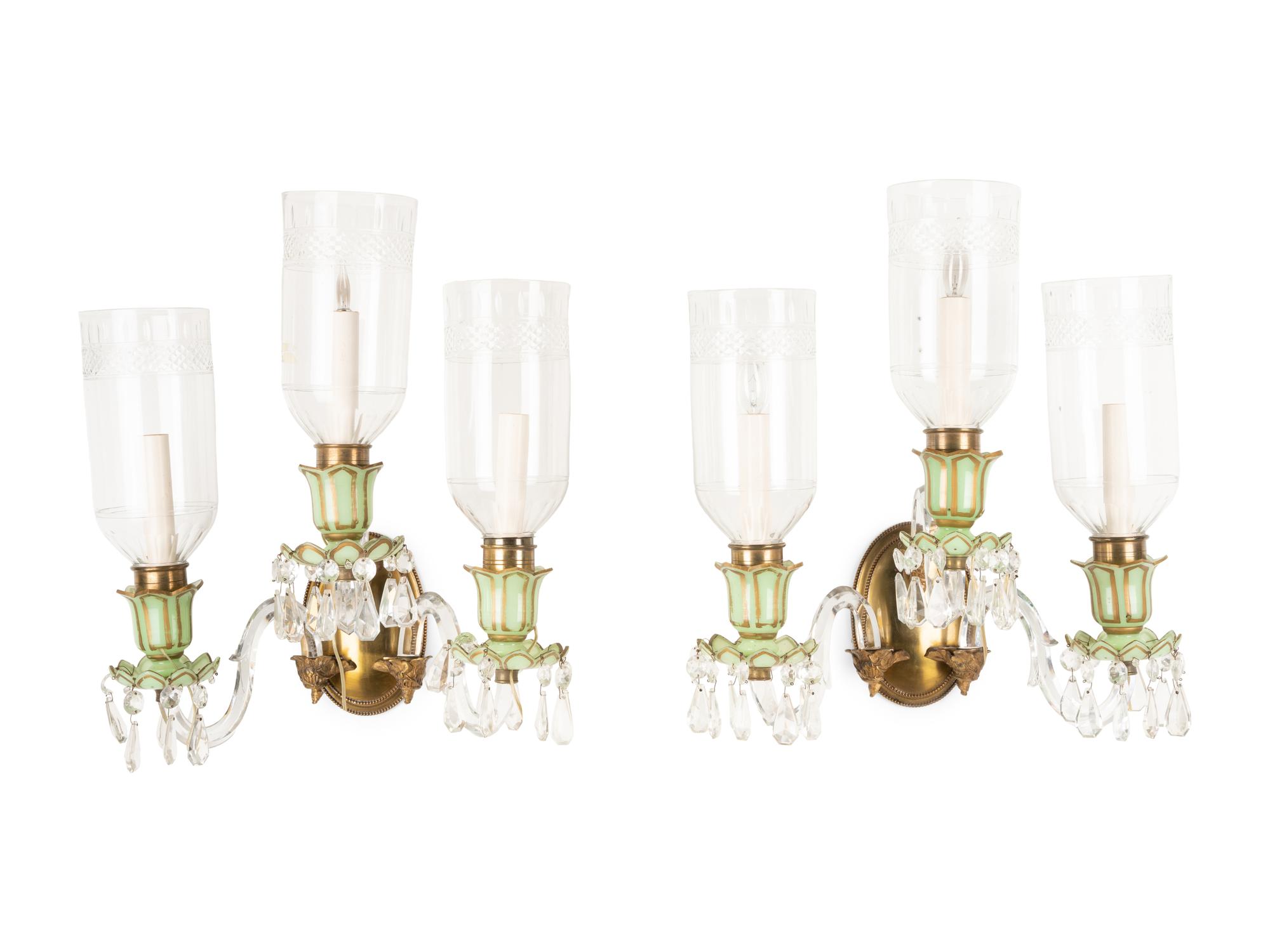 A Pair of French Opaline Glass Three-Light Sconces with Cut Glass Hurricane Shades