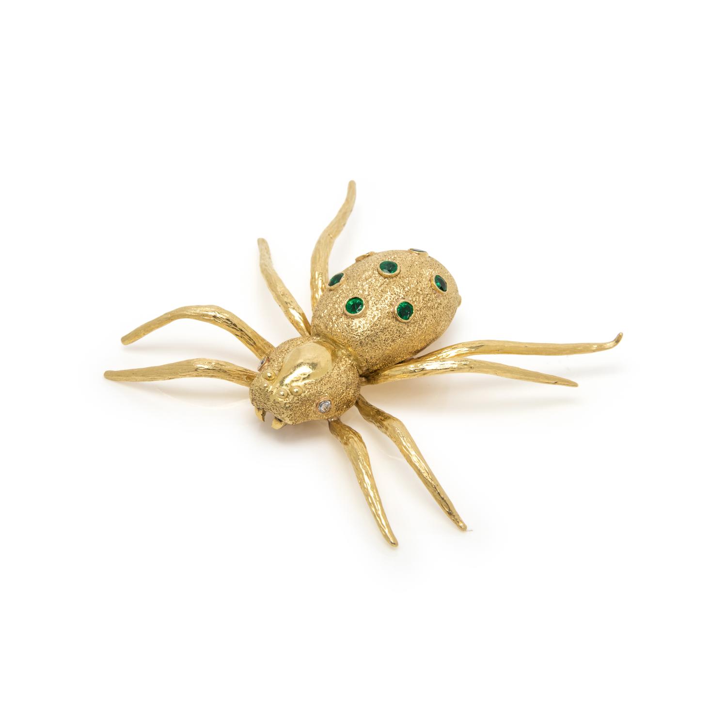 BORIS LEBEAU, YELLOW GOLD, DIAMOND AND EMERALD SPIDER BROOCH