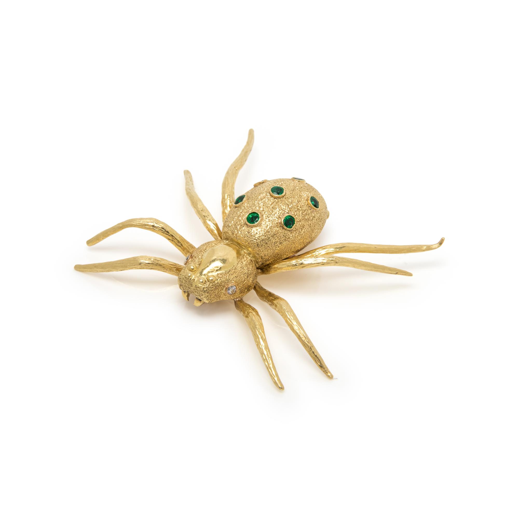 BORIS LEBEAU, YELLOW GOLD, DIAMOND AND EMERALD SPIDER BROOCH