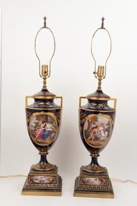 A Pair of Vienna Porcelain Urns Mounted as Lamps