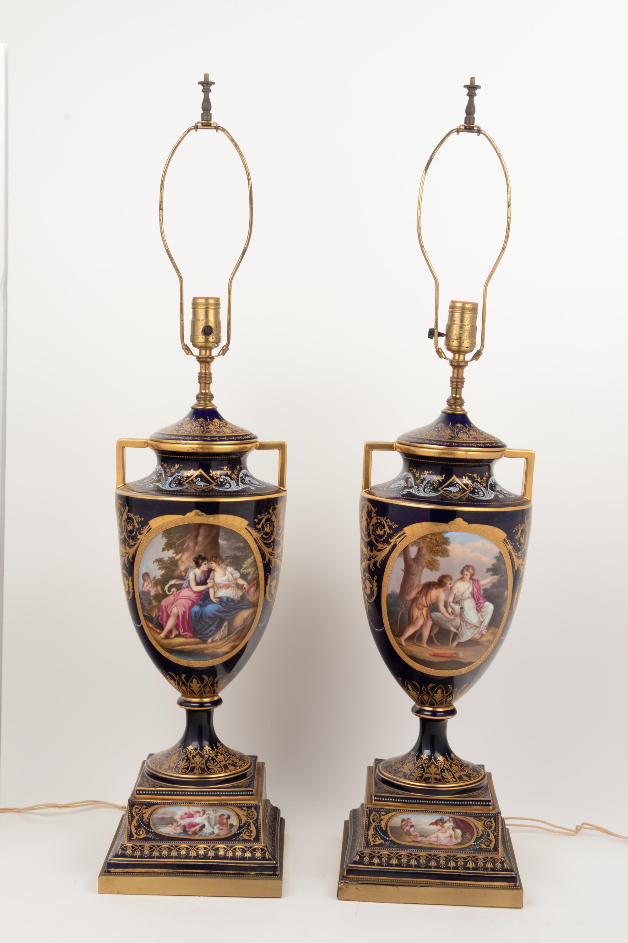 A Pair of Vienna Porcelain Urns Mounted as Lamps