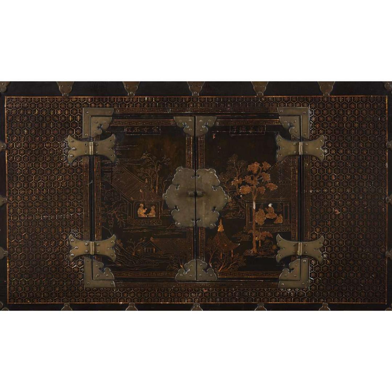 A pair of Korean mother of pearl-inlaid lacquered wood chests 19th Century