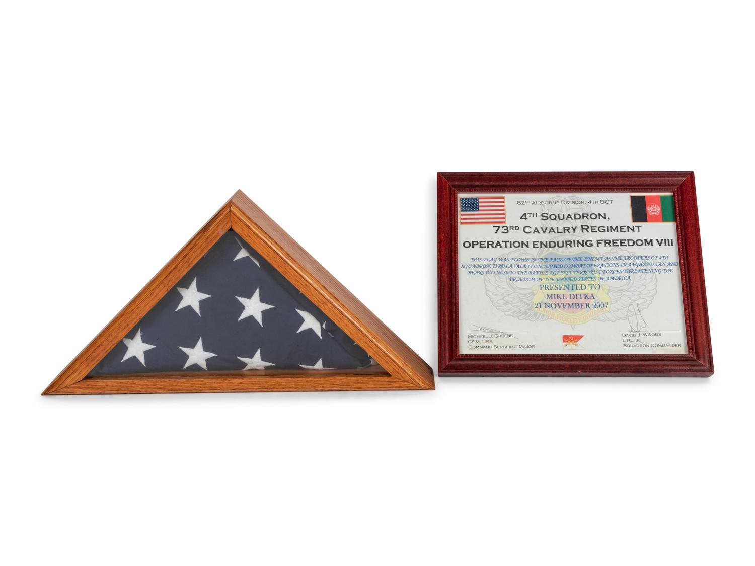 An Operation Enduring Freedom United States Flag Presentation Gifted to Mike Ditka Formerly Displayed at Mike Ditka's Restaurant