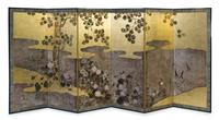 Two Japanese Six-Panel Floor Screens Height of each panel 68 x width 25 1/4 inches.