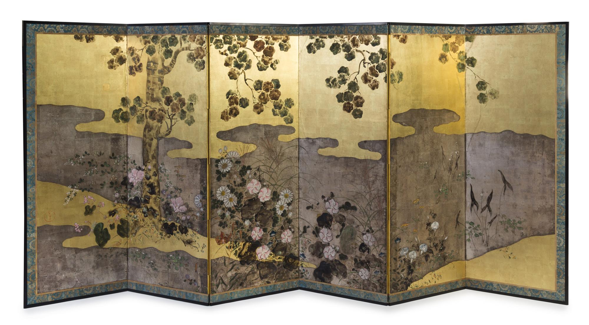 Two Japanese Six-Panel Floor Screens Height of each panel 68 x width 25 1/4 inches.