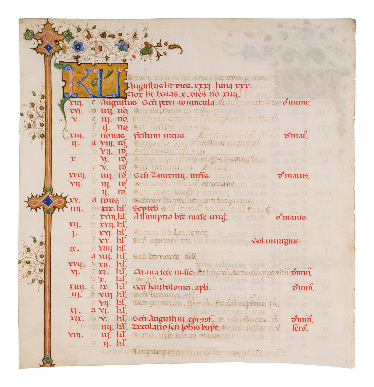 GIORGIO D’ALEMAGNA (documented Ferrara, 1441-1462) A calendar leaf for July and August, presumably from the Breviary of Lionello d’Este, also known as the Llangattock Breviary, in Latin, illuminated manuscript on parchment [Italy, Ferrara, c. 1441-1448]