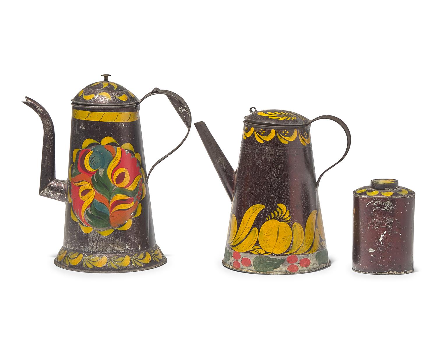 A Group of Three Tole- Decorated Asphaltum Tinware Tablewares, Pennsylvania, Circa 1830-1850