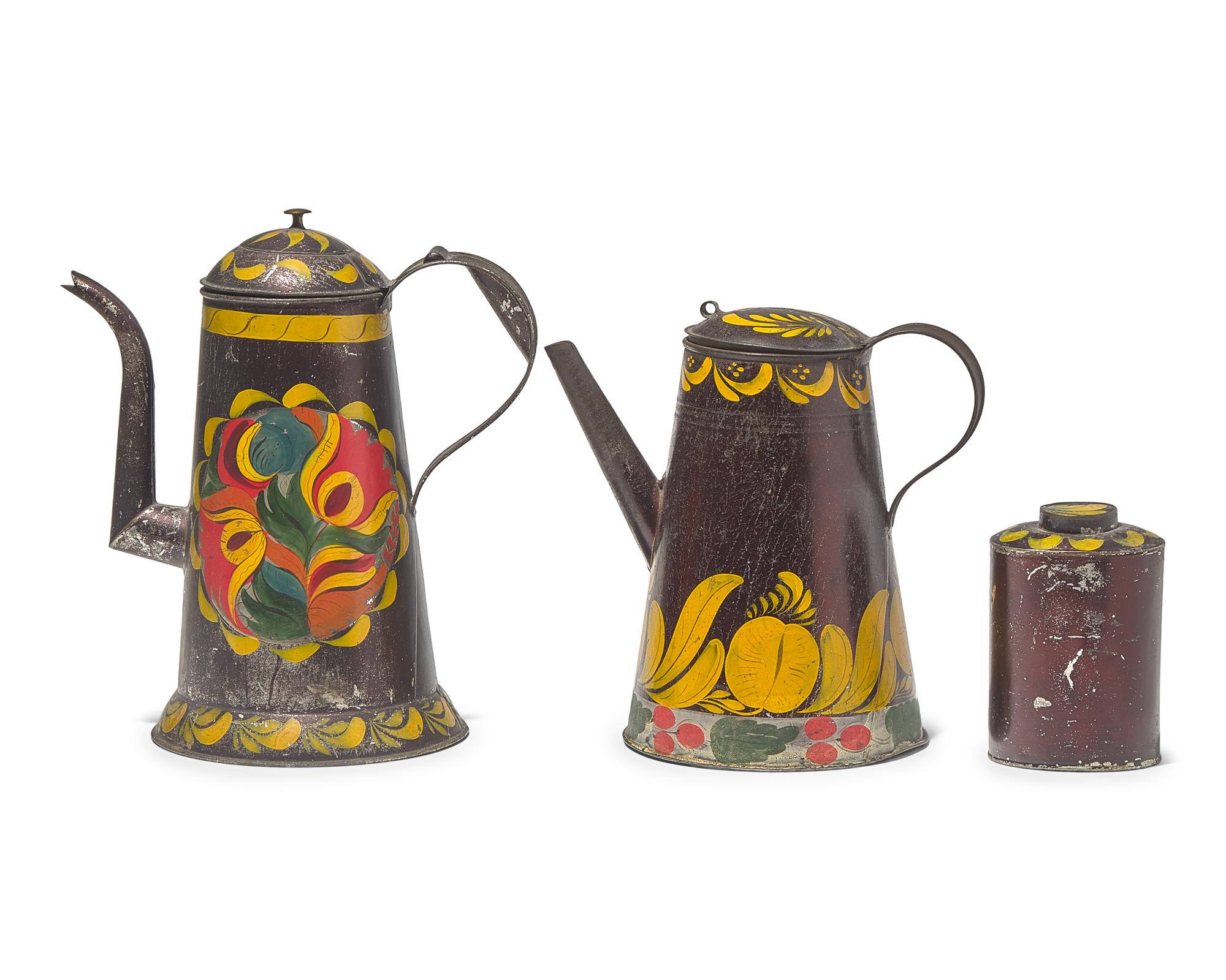 A Group of Three Tole- Decorated Asphaltum Tinware Tablewares, Pennsylvania, Circa 1830-1850