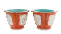A Pair of Faux Bois Glazed Porcelain Jardinieres