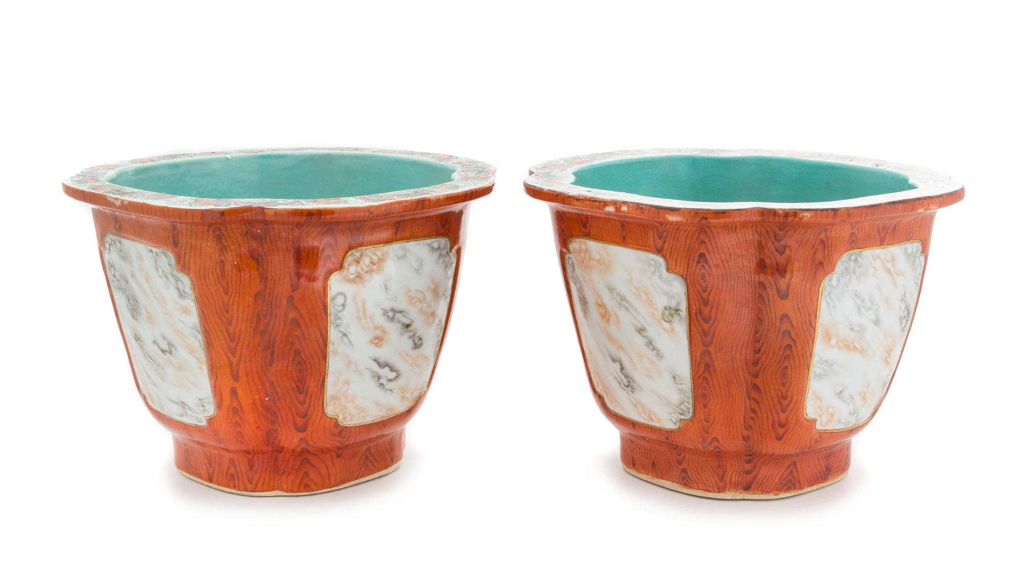 A Pair of Faux Bois Glazed Porcelain Jardinieres