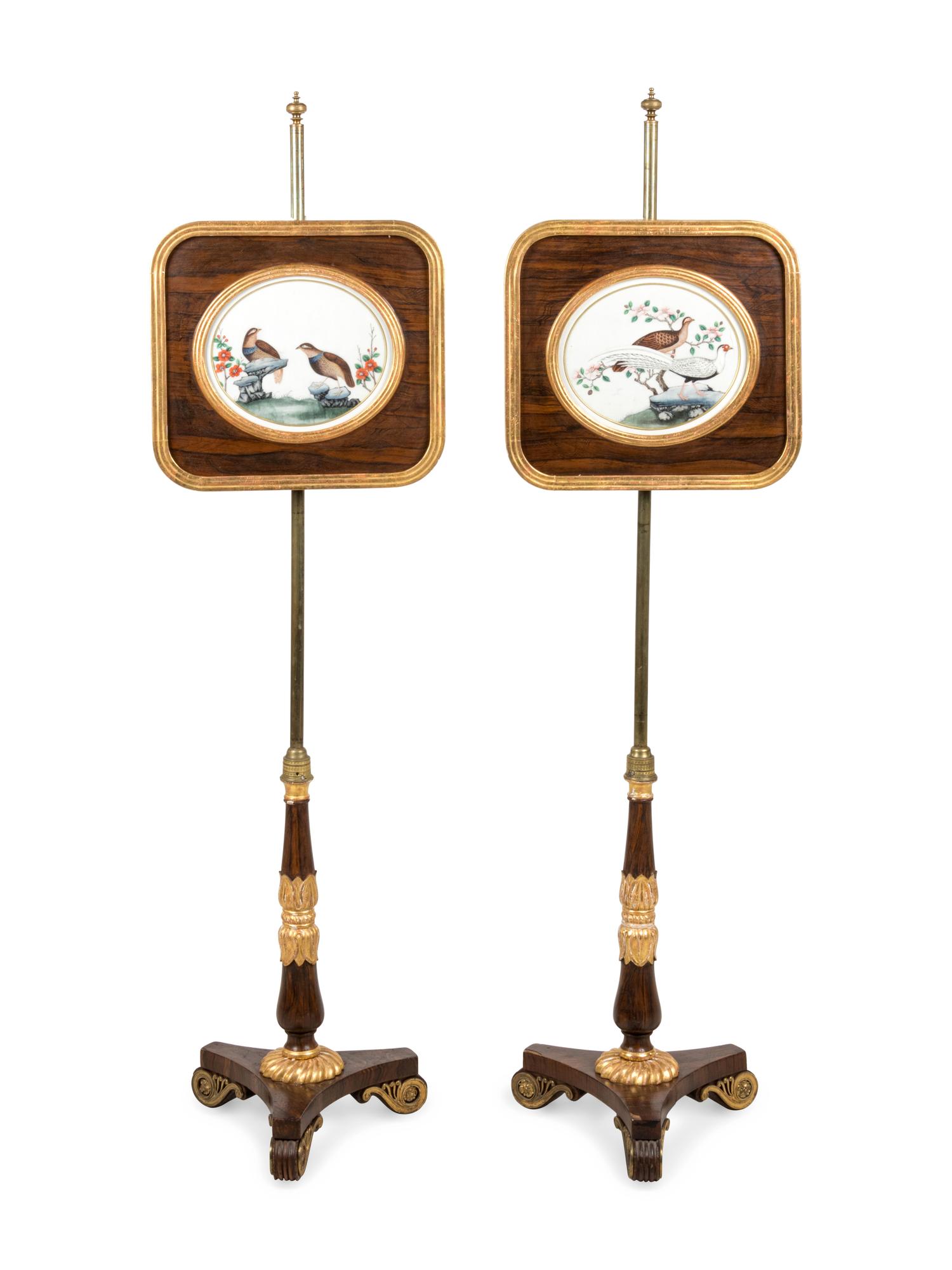 A Pair of Regency Parcel Gilt Grain-Painted Pole Screens with China Trade Pith Paintings