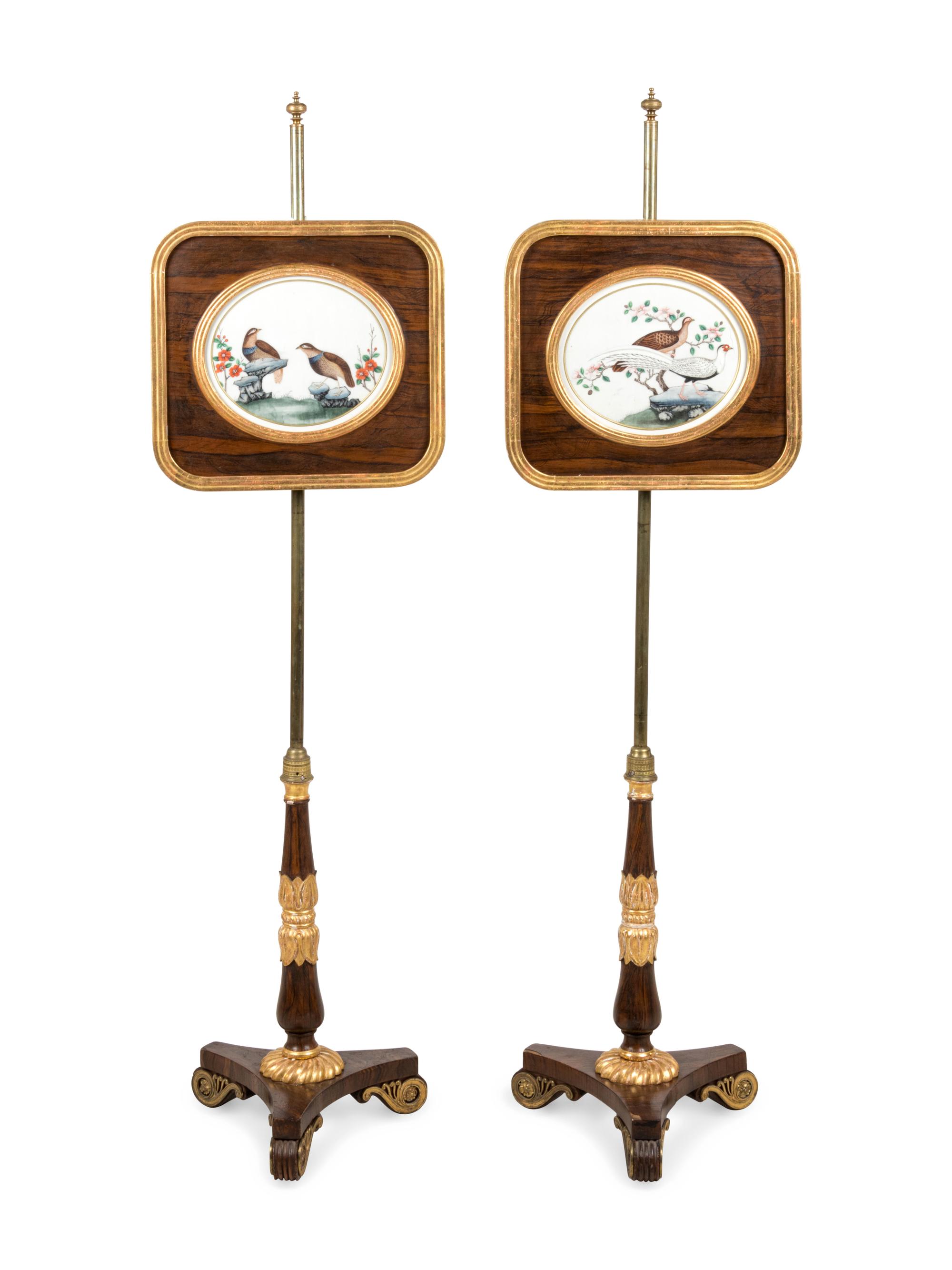 A Pair of Regency Parcel Gilt Grain-Painted Pole Screens with China Trade Pith Paintings