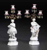 A Pair of French Parian and Enameled Metal Three-Light Figural Candelabra