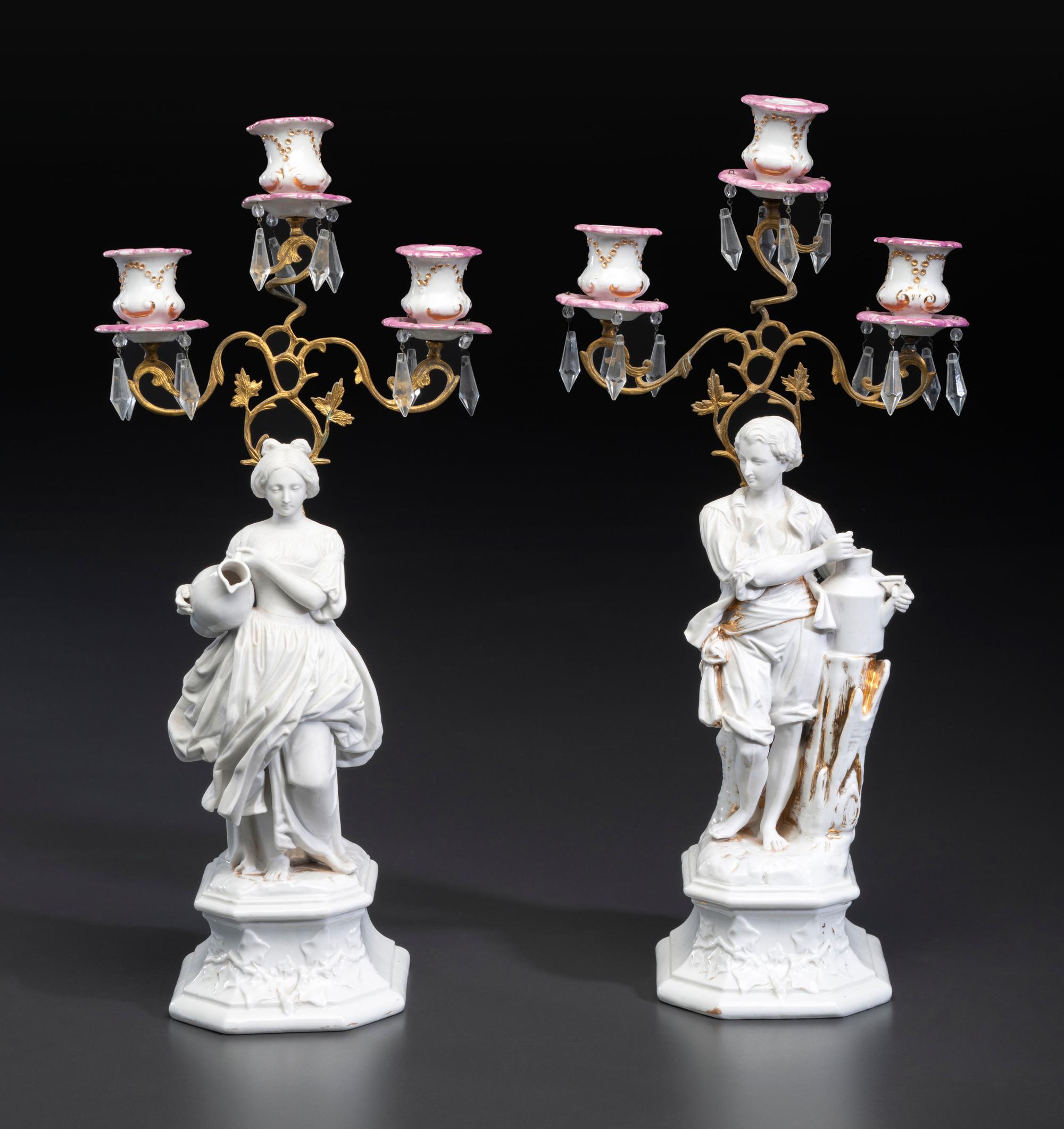 A Pair of French Parian and Enameled Metal Three-Light Figural Candelabra
