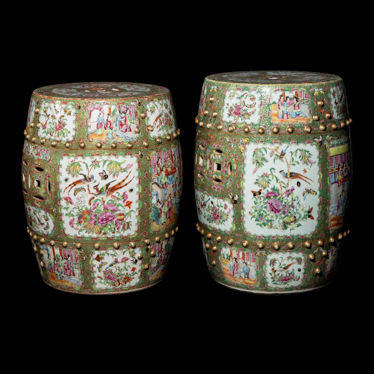 A Near Pair of Chinese Rose Medallion Garden Stools, Second Half 19th Century 清晚期 廣彩鼓凳兩隻